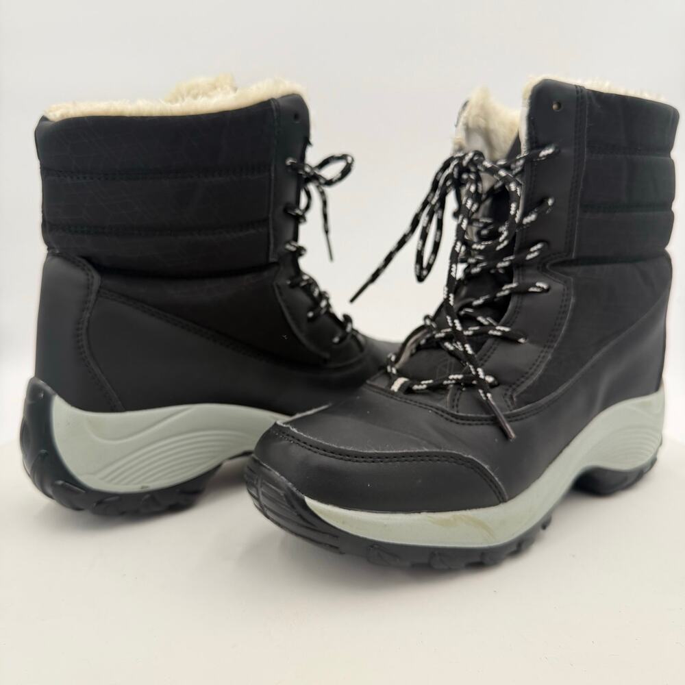 Black Faux Fur Lined Waterproof Winter Snow Boots Women's Lace-Up Size 37